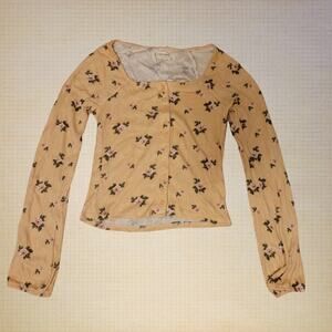 Lucky Brand Floral Button-Up Cardigan Women's XS Stretchy Peach Knit Long Sleeve